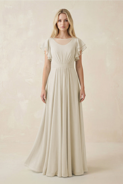 Cap Sleeve Ruffled A - Line Chiffon Bridesmaid Dress in Dove Gray - KISS BRIDAL Bridesmaid Dresses
