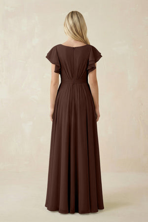 Cap Sleeve Ruffled A - Line Chiffon Bridesmaid Dress in Espresso - KISS BRIDAL Bridesmaid Dresses
