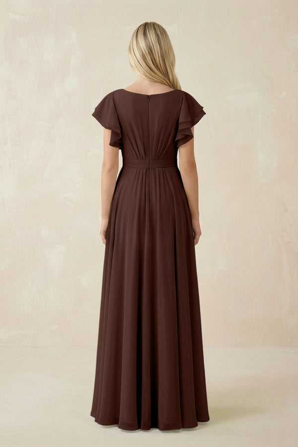 Cap Sleeve Ruffled A - Line Chiffon Bridesmaid Dress in Espresso - KISS BRIDAL Bridesmaid Dresses