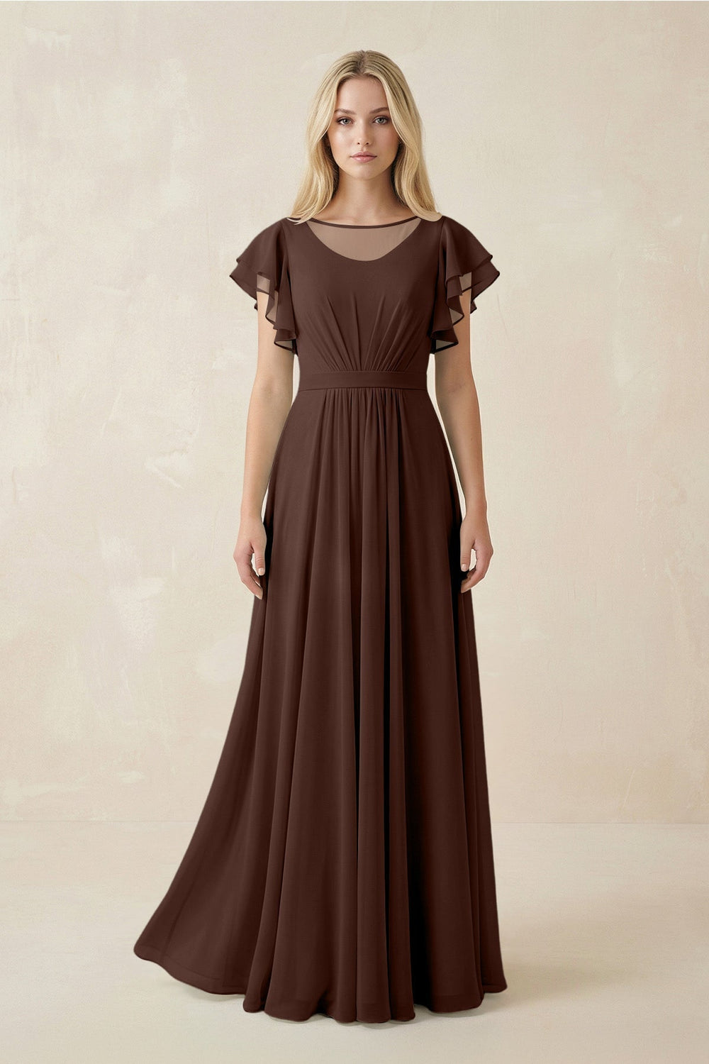 Cap Sleeve Ruffled A-Line Chiffon Bridesmaid Dress in Espresso