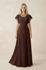 Cap Sleeve Ruffled A - Line Chiffon Bridesmaid Dress in Espresso - KISS BRIDAL Bridesmaid Dresses