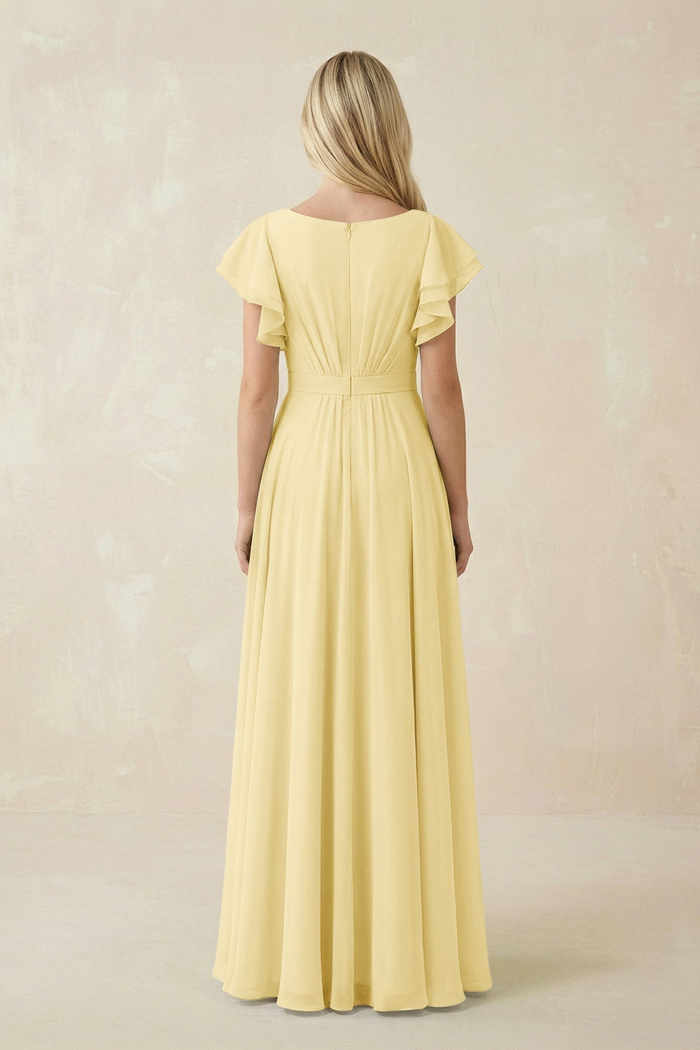Cap Sleeve Ruffled A-Line Chiffon Bridesmaid Dress in Pastel Yellow