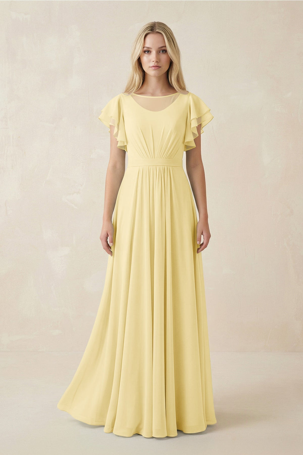 Cap Sleeve Ruffled A-Line Chiffon Bridesmaid Dress in Pastel Yellow