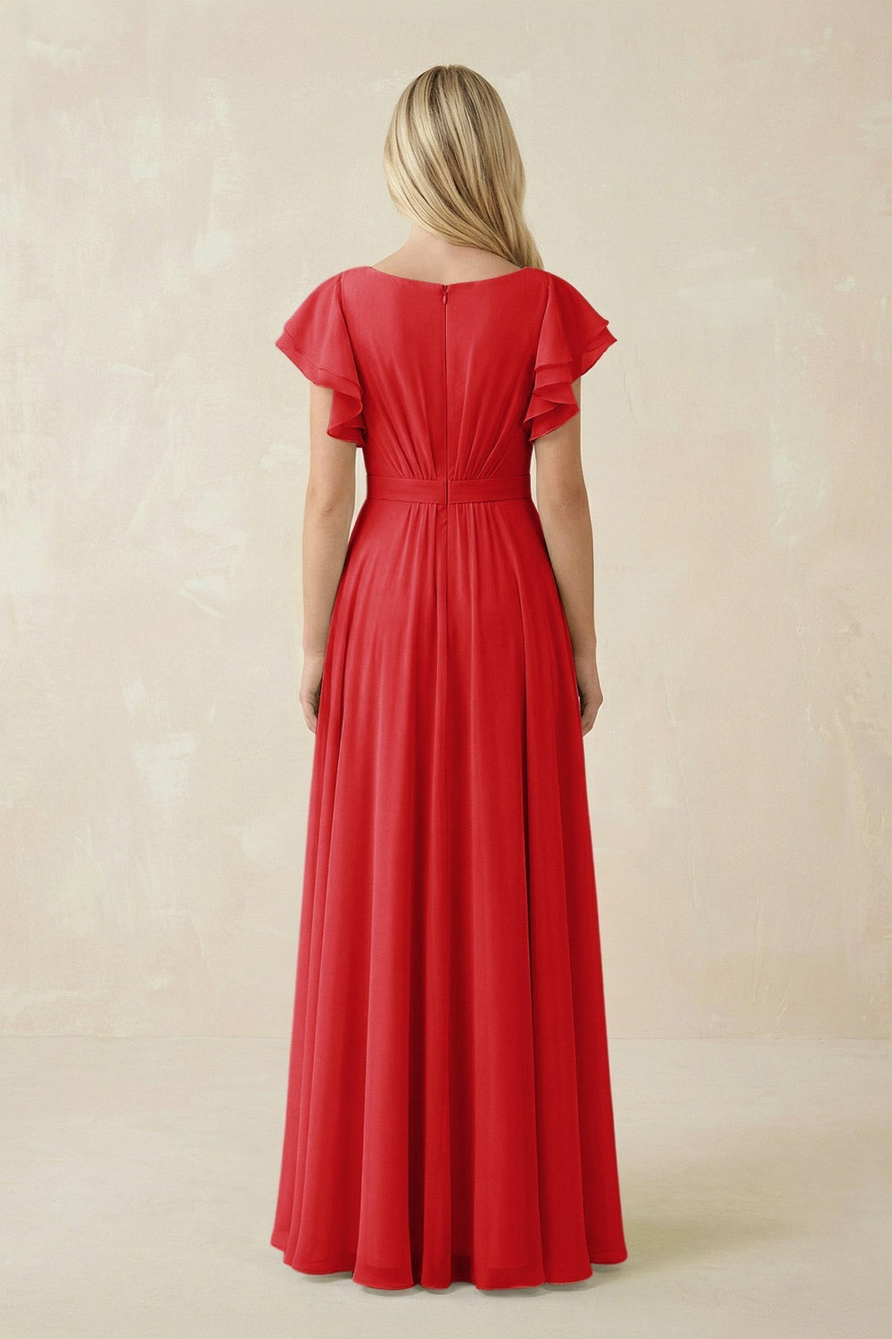 Cap Sleeve Ruffled A-Line Chiffon Bridesmaid Dress in Ruby Red