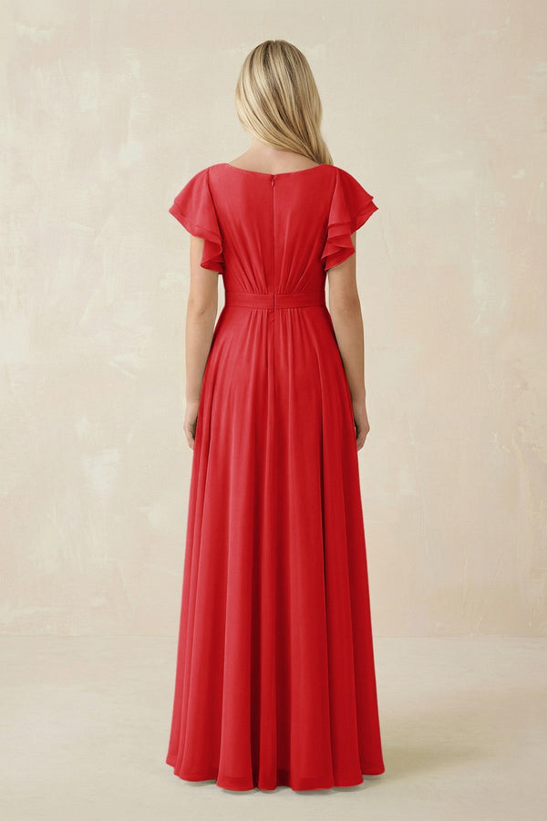 Cap Sleeve Ruffled A - Line Chiffon Bridesmaid Dress in Ruby Red - KISS BRIDAL Bridesmaid Dresses