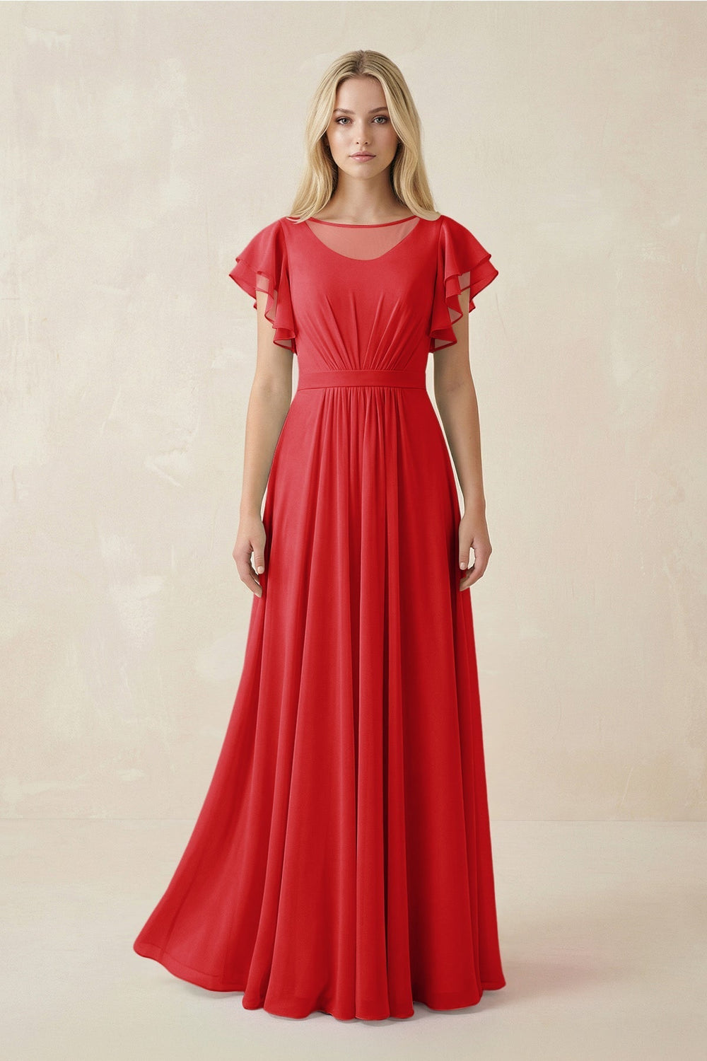 Cap Sleeve Ruffled A-Line Chiffon Bridesmaid Dress in Ruby Red
