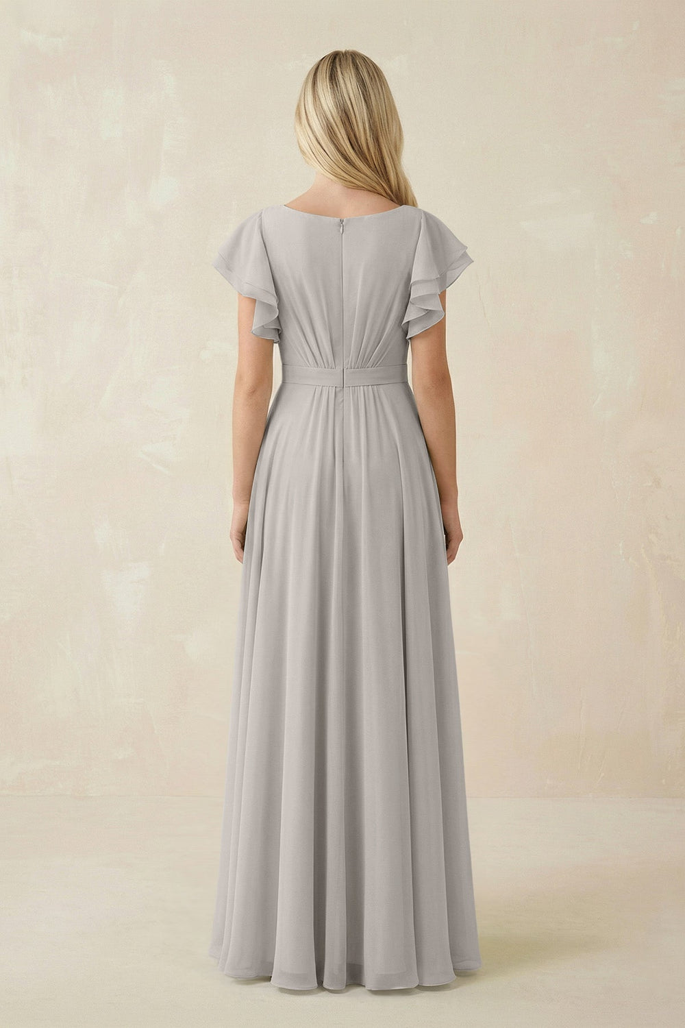 Cap Sleeve Ruffled A-Line Chiffon Bridesmaid Dress in Silver