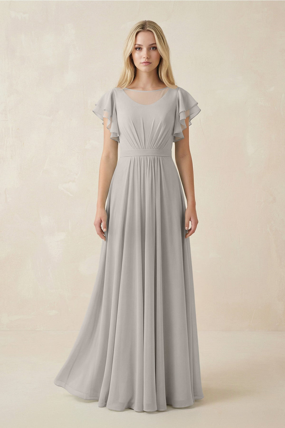 Cap Sleeve Ruffled A-Line Chiffon Bridesmaid Dress in Silver
