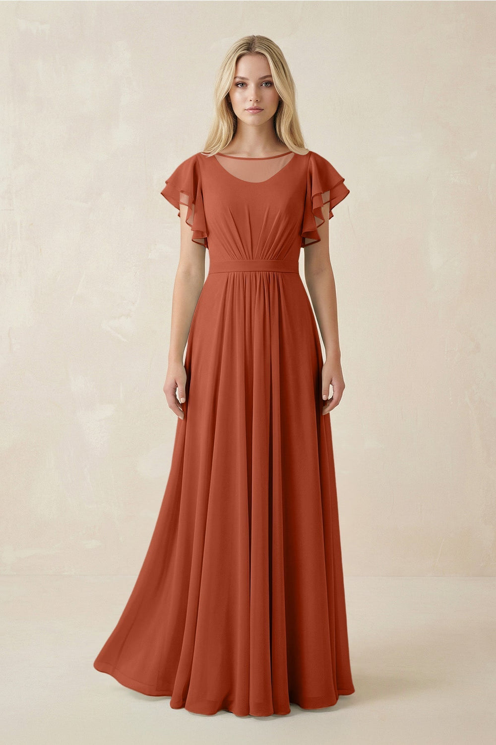 Cap Sleeve Ruffled A-Line Chiffon Bridesmaid Dress in Spice