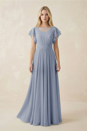 Cap Sleeve Ruffled A - Line Chiffon Bridesmaid Dress in Twilight - KISS BRIDAL Bridesmaid Dresses