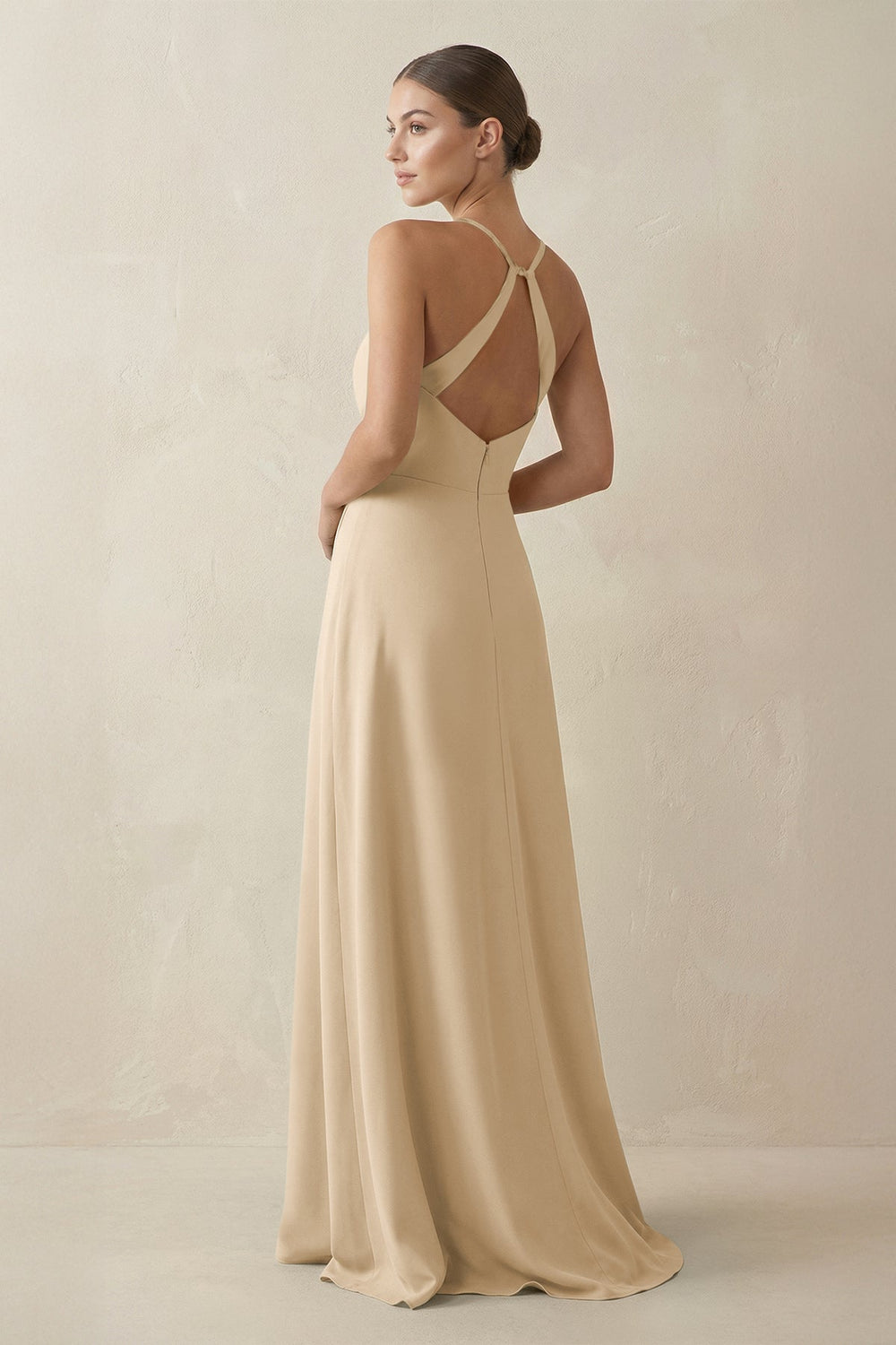 A-Line Chiffon Long Bridesmaid Dress With Slit in Champagne