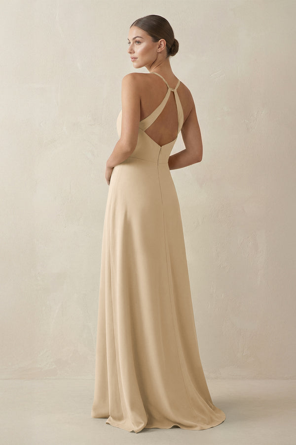 Champagne A-Line Chiffon Long Bridesmaid Dress With Slit (2) | KISSBRIDAL