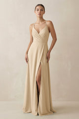 Champagne A-Line Chiffon Long Bridesmaid Dress With Slit | KISSBRIDAL