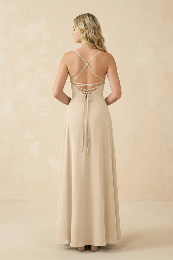 Champagne A-Line Chiffon Spaghetti Strap Bridesmaid Dress (2) | KISSBRIDAL