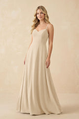 Champagne A-Line Chiffon Spaghetti Strap Bridesmaid Dress | KISSBRIDAL