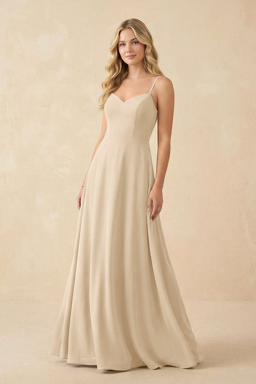 Champagne A-Line Chiffon Spaghetti Strap Bridesmaid Dress | KISSBRIDAL
