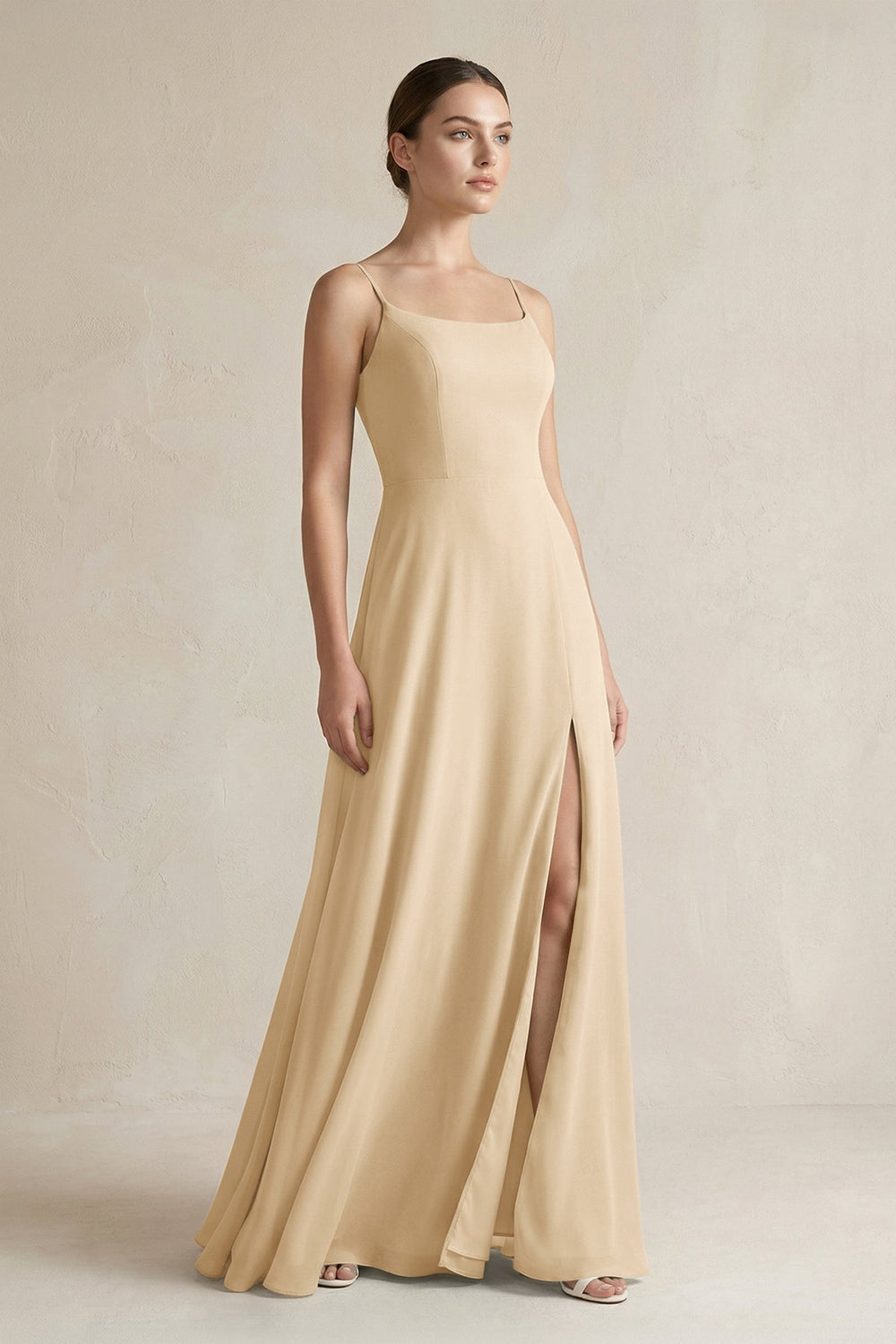 A-Line Chiffon Spaghetti Strap Bridesmaid Dress in Champagne