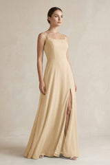Champagne A-Line Chiffon Spaghetti Strap Bridesmaid Dress | KISSBRIDAL