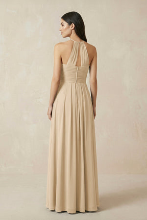 Champagne A-Line Halter Neck Pleated Chiffon Bridesmaid Dress (2) | KISSBRIDAL