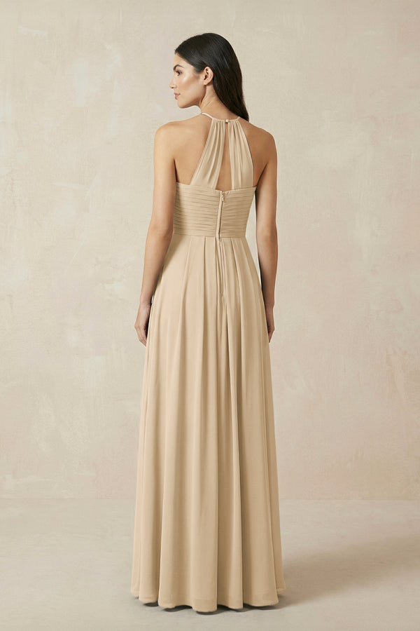 Champagne A-Line Halter Neck Pleated Chiffon Bridesmaid Dress (2) | KISSBRIDAL