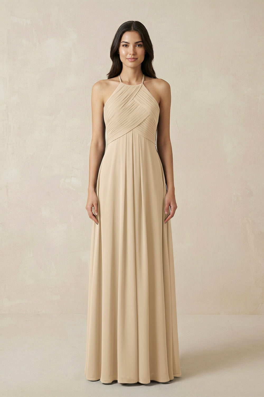 A-Line Halter Neck Pleated Chiffon Bridesmaid Dress in Champagne