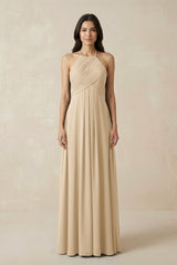 Champagne A-Line Halter Neck Pleated Chiffon Bridesmaid Dress | KISSBRIDAL