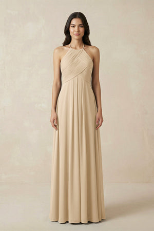 Champagne A-Line Halter Neck Pleated Chiffon Bridesmaid Dress | KISSBRIDAL