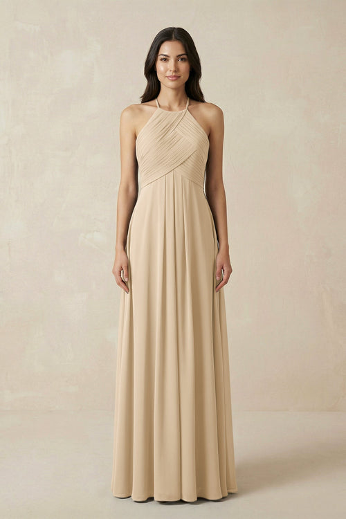 Champagne A-Line Halter Neck Pleated Chiffon Bridesmaid Dress | KISSBRIDAL