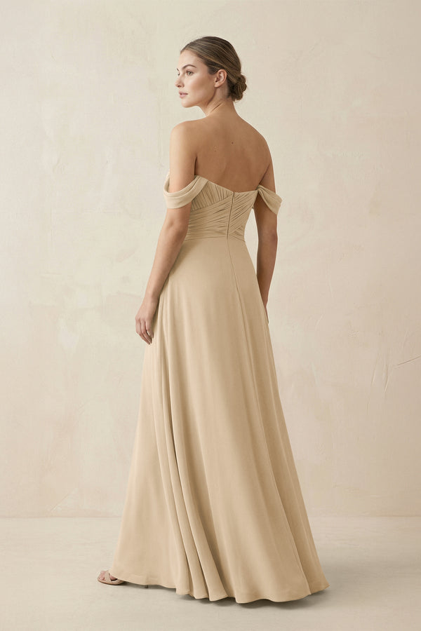 Champagne A-Line Off-the-Shoulder Chiffon Bridesmaid Dress (2) | KISSBRIDAL