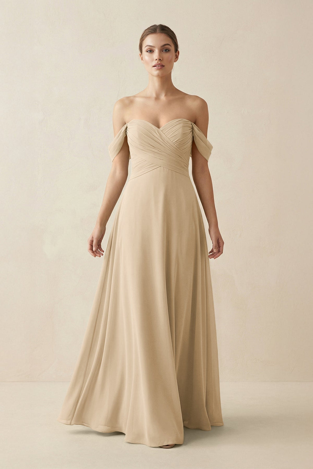 A-Line Off-the-Shoulder Chiffon Bridesmaid Dress in Champagne