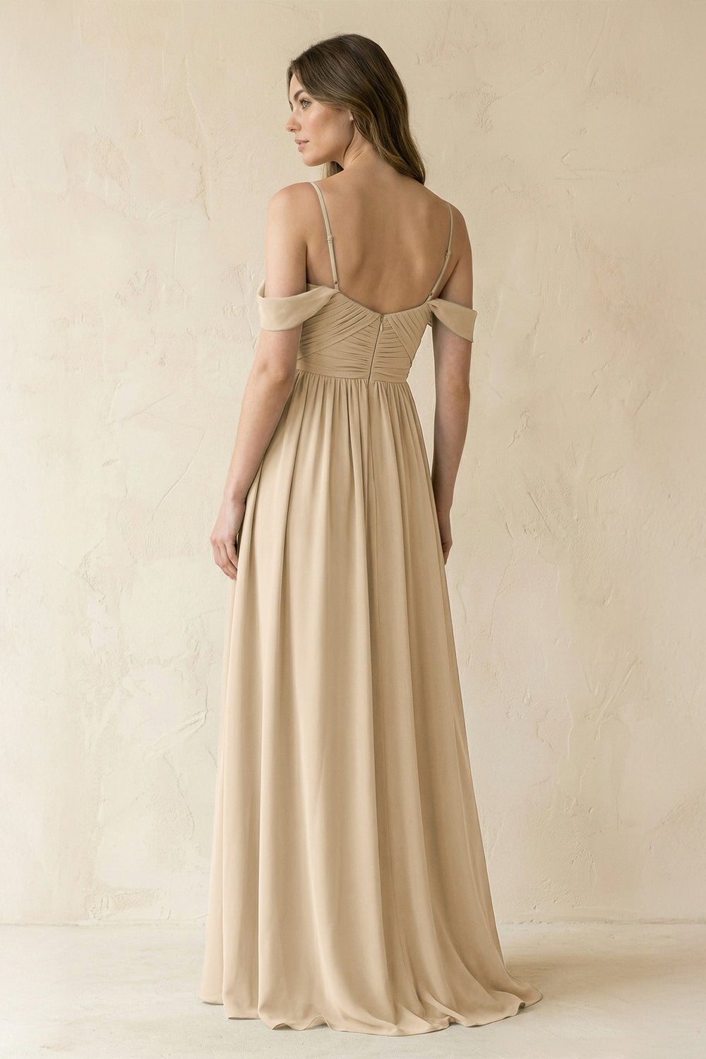 A-Line Off-the-Shoulder Pleated Chiffon Bridesmaid Dress in Champagne