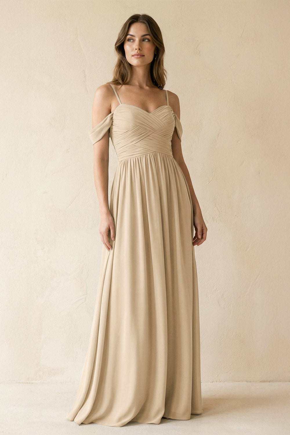 A-Line Off-the-Shoulder Pleated Chiffon Bridesmaid Dress in Champagne