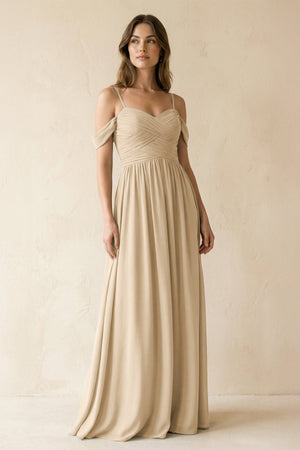 Champagne A-Line Off-the-Shoulder Pleated Chiffon Bridesmaid Dress | KISSBRIDAL