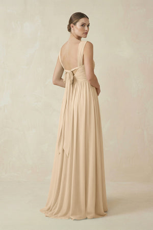 Champagne A-Line Pleated Chiffon Long Bridesmaid Dress (2) | KISSBRIDAL