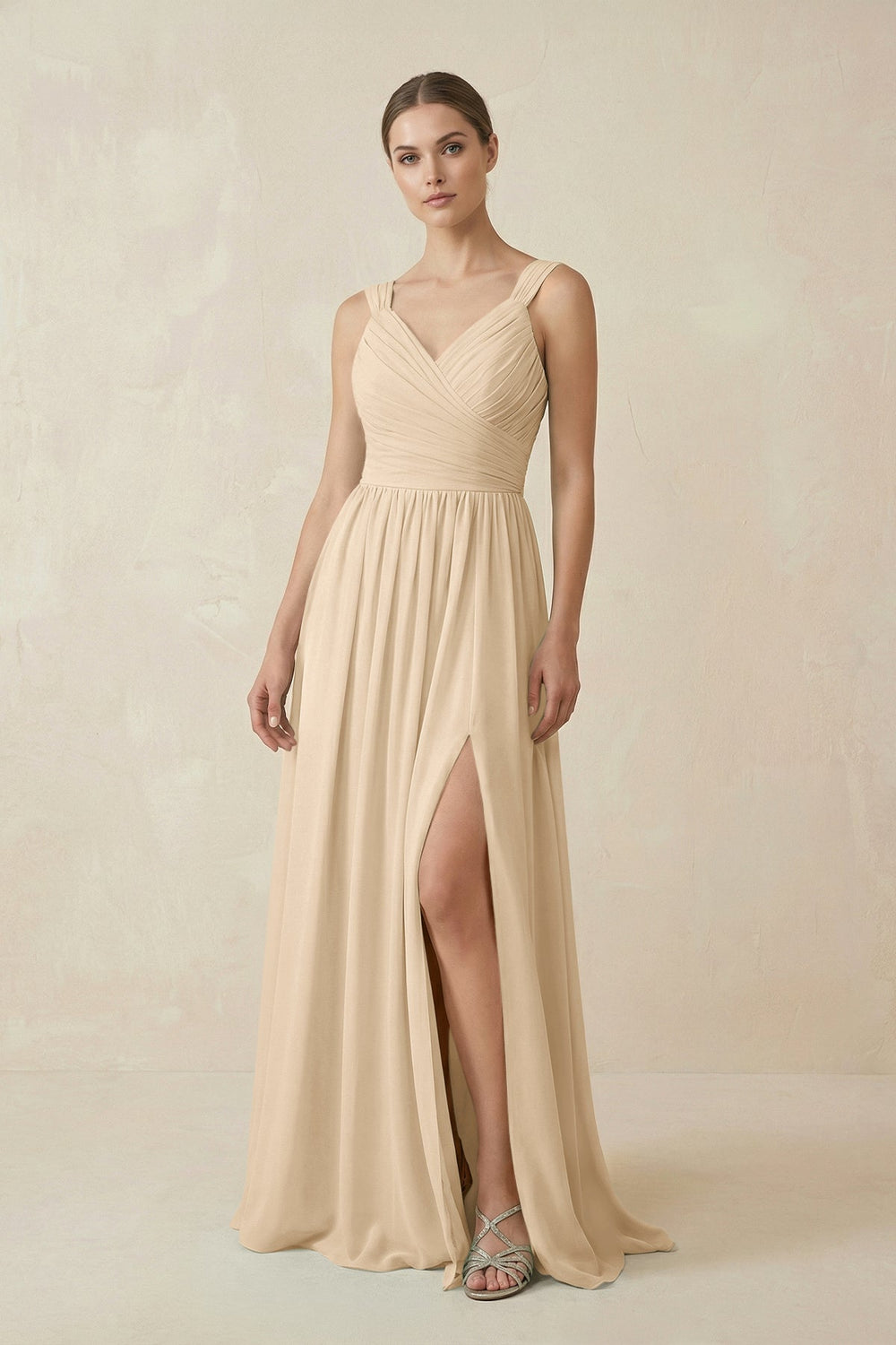A-Line Pleated Chiffon Long Bridesmaid Dress in Champagne