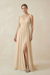 Champagne A-Line Pleated Chiffon Long Bridesmaid Dress | KISSBRIDAL