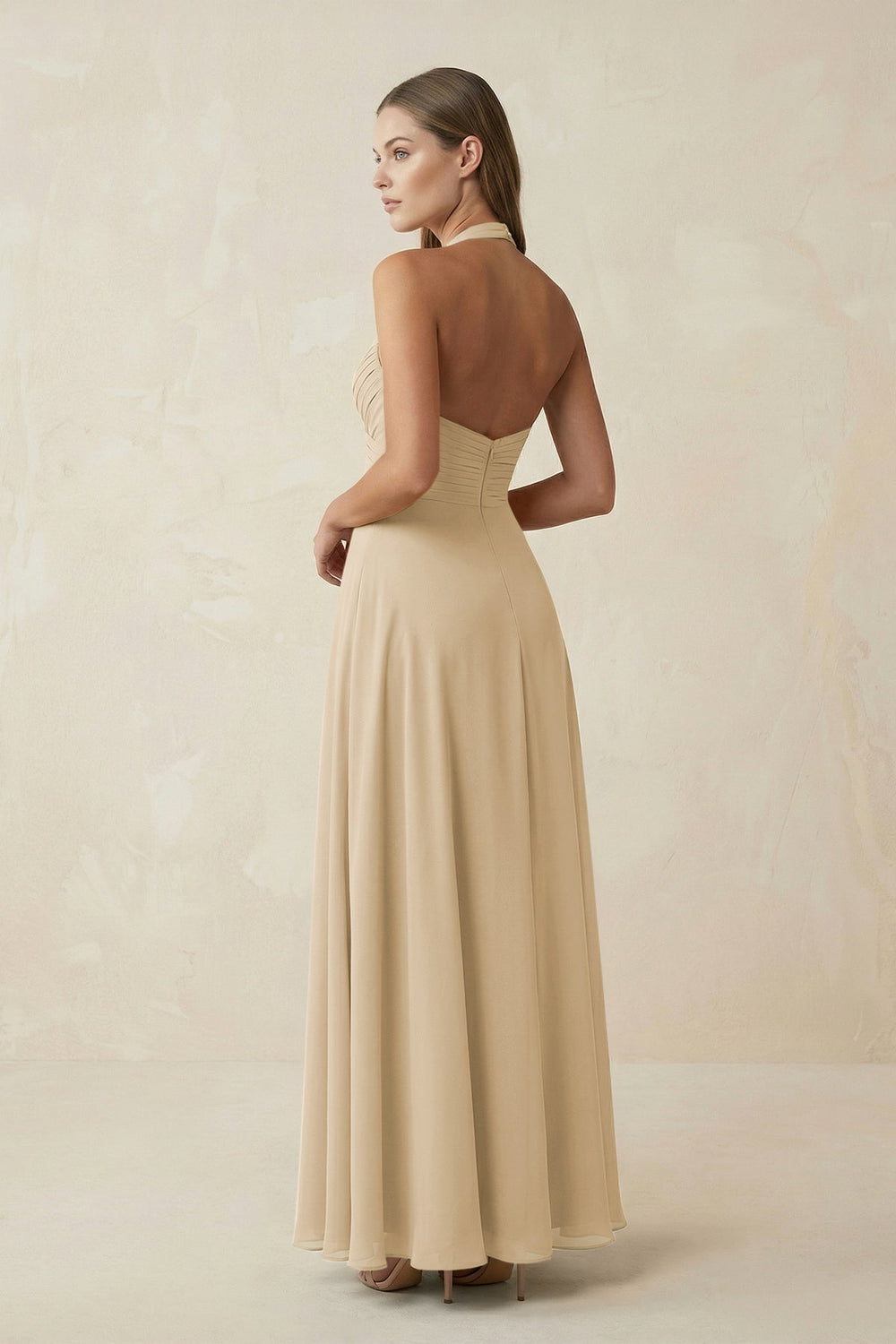 A-Line Pleated Chiffon V-Neck Bridesmaid Dress in Champagne