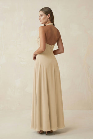 Champagne A-Line Pleated Chiffon V-Neck Bridesmaid Dress (2) | KISSBRIDAL