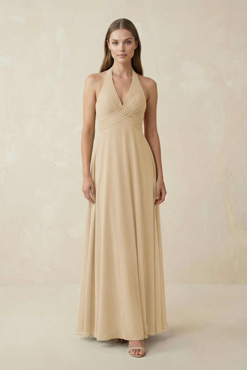 A-Line Pleated Chiffon V-Neck Bridesmaid Dress in Champagne