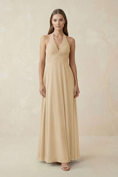 Champagne A-Line Pleated Chiffon V-Neck Bridesmaid Dress | KISSBRIDAL