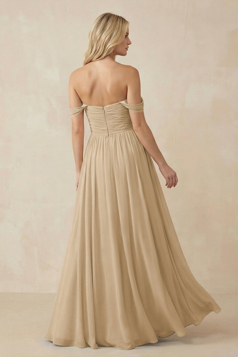 A-Line Pleated Long Chiffon Bridesmaid Dress in Champagne