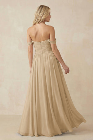 Champagne A-Line Pleated Long Chiffon Bridesmaid Dress (2) | KISSBRIDAL