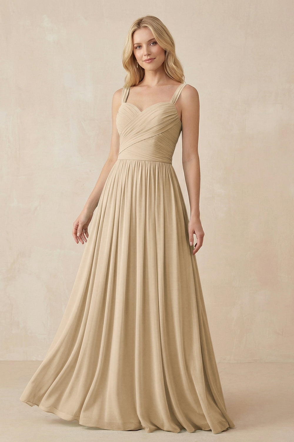 A-Line Pleated Long Chiffon Bridesmaid Dress in Champagne