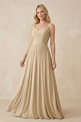 Champagne A-Line Pleated Long Chiffon Bridesmaid Dress | KISSBRIDAL
