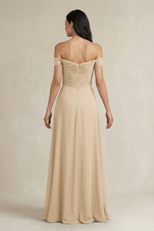 Champagne A-Line Pleated Off-the-Shoulder Chiffon Bridesmaid Dress (2) | KISSBRIDAL