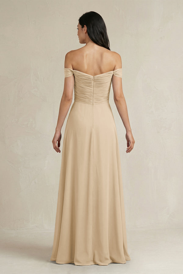 Champagne A-Line Pleated Off-the-Shoulder Chiffon Bridesmaid Dress (2) | KISSBRIDAL