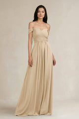 Champagne A-Line Pleated Off-the-Shoulder Chiffon Bridesmaid Dress | KISSBRIDAL