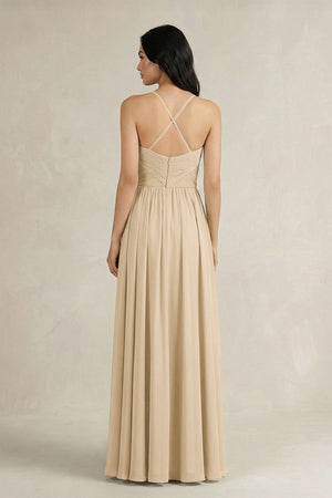 Champagne A-Line Pleated Spaghetti Strap Chiffon Bridesmaid Dress (2) | KISSBRIDAL