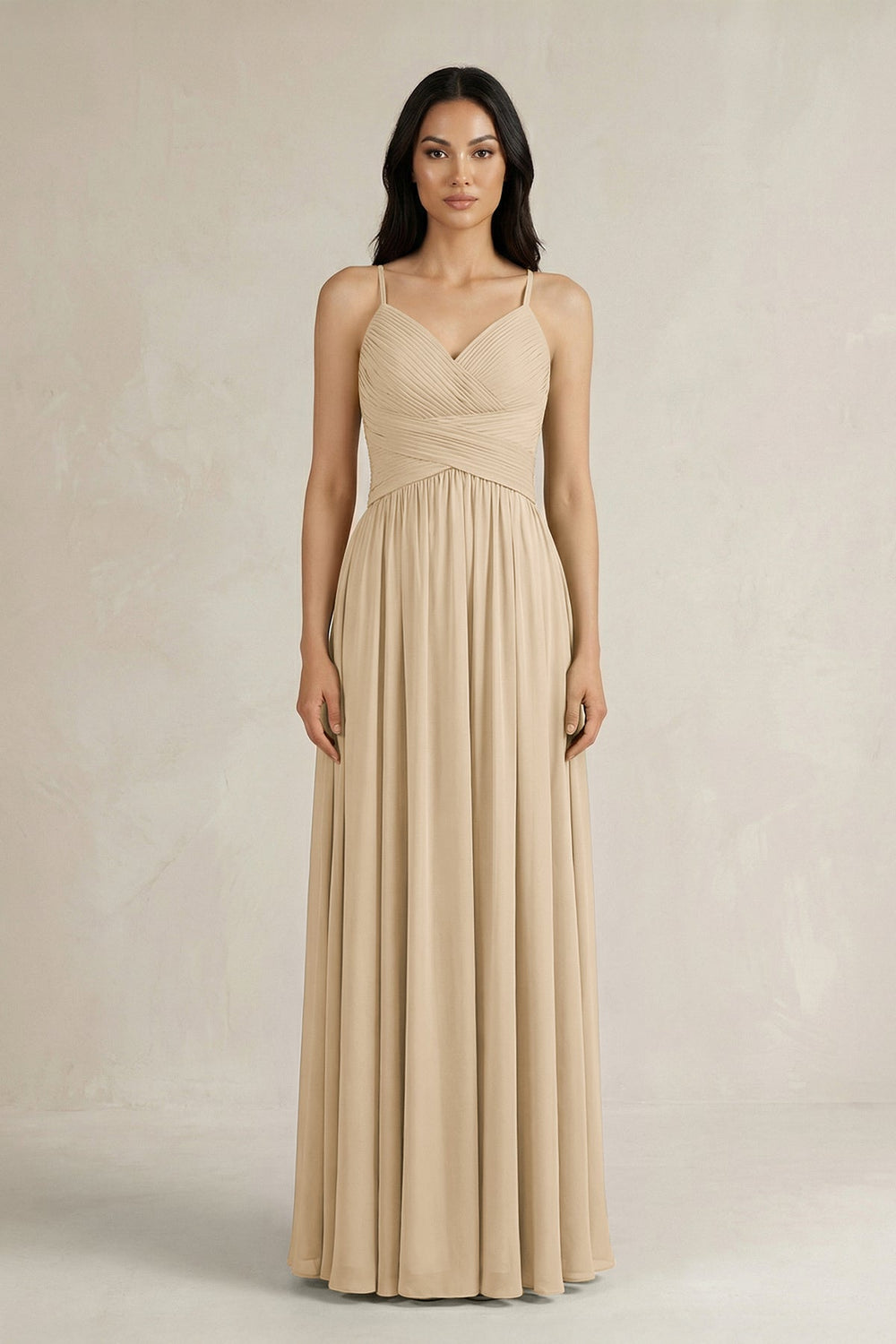 A-Line Pleated Spaghetti Strap Chiffon Bridesmaid Dress in Champagne
