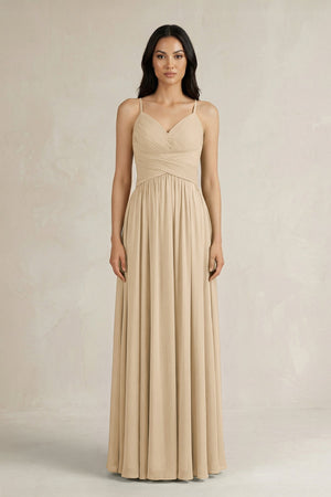Champagne A-Line Pleated Spaghetti Strap Chiffon Bridesmaid Dress | KISSBRIDAL
